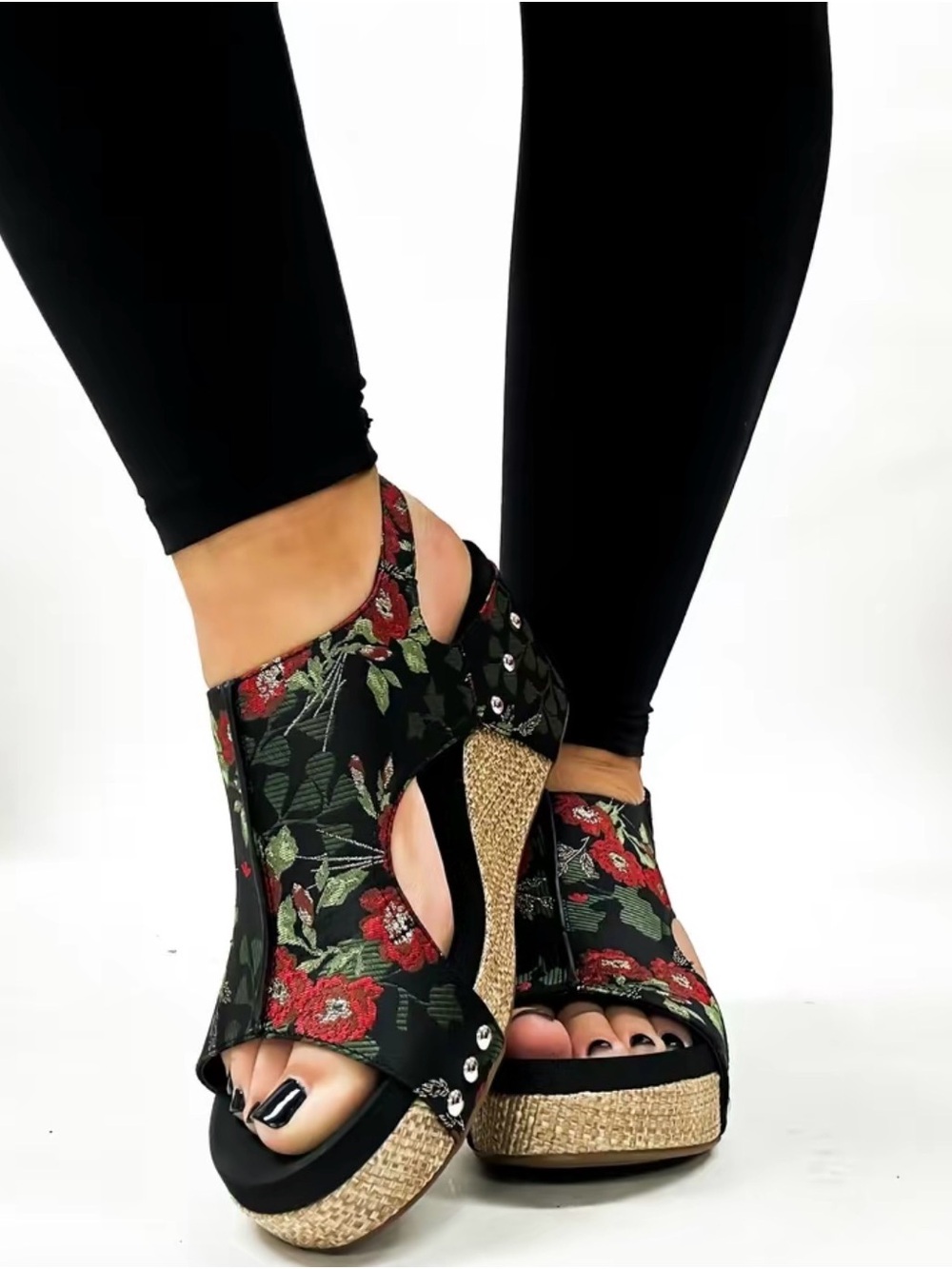 Corkys Black Wedge Sandals with Red Floral Print - Picture 4 of 4